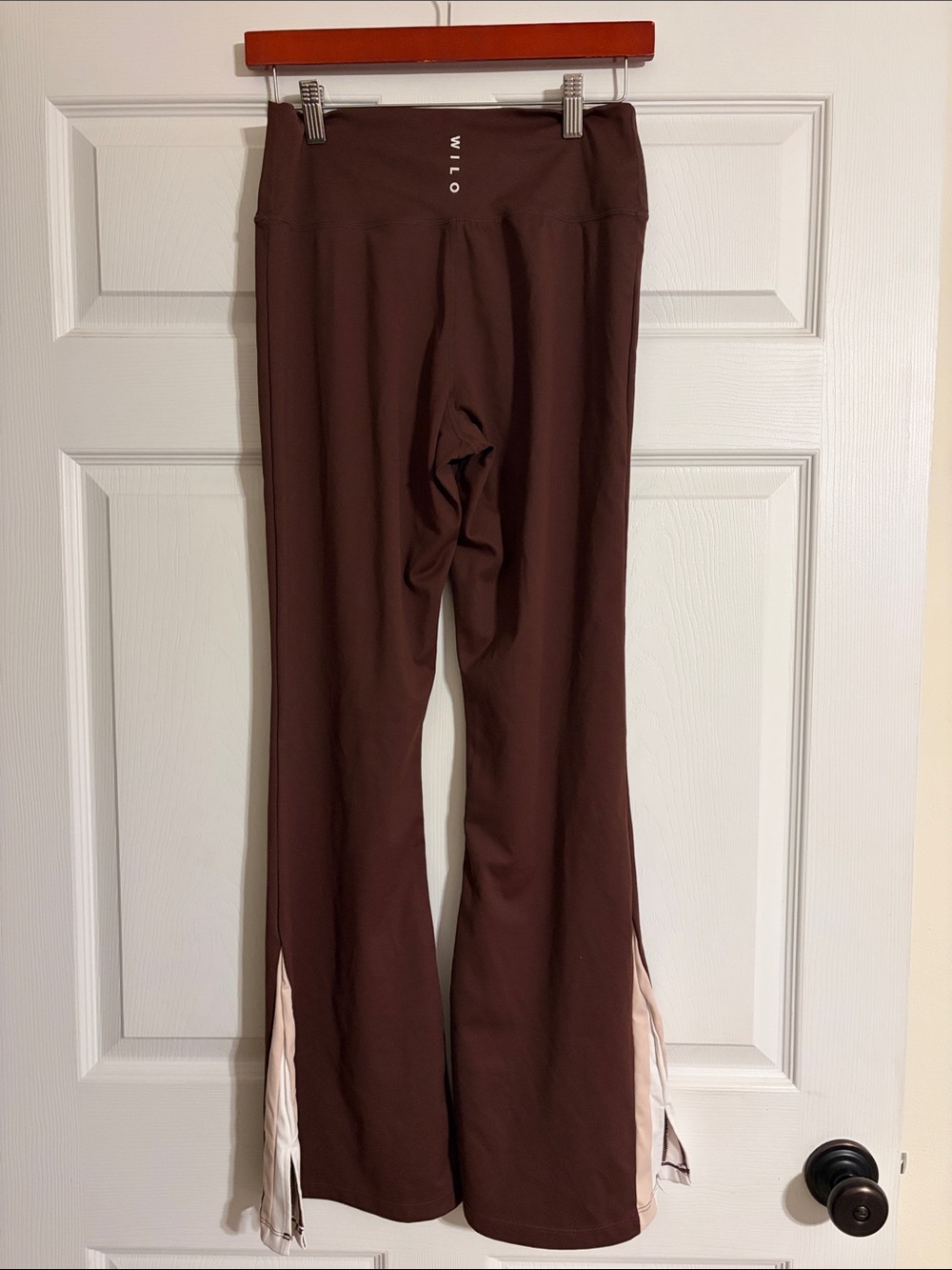 WILO The Label Brown Stripe Flare Leggings Split Hem Yoga Pants